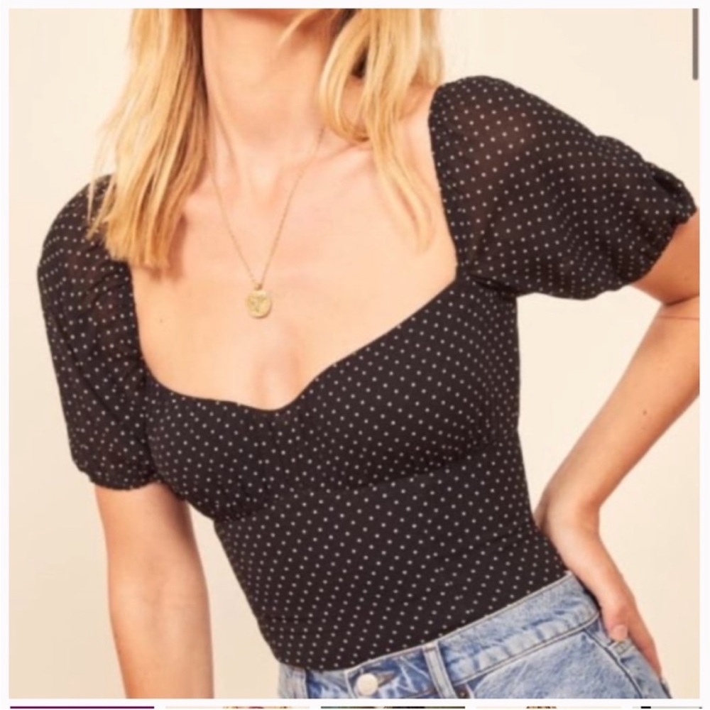 Reformation Black Mini Dot Puff Sleeve Crop Top